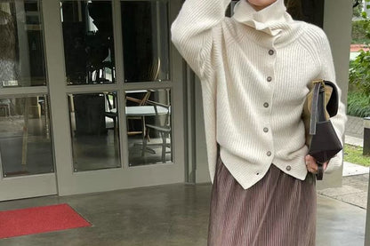 Stand Collar Plain Ribbed Cardigan