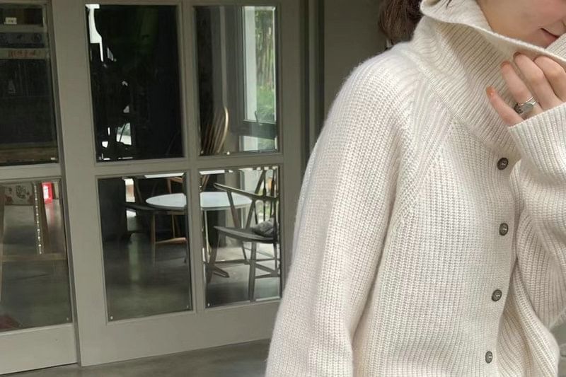 Stand Collar Plain Ribbed Cardigan