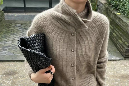 Stand Collar Plain Ribbed Cardigan