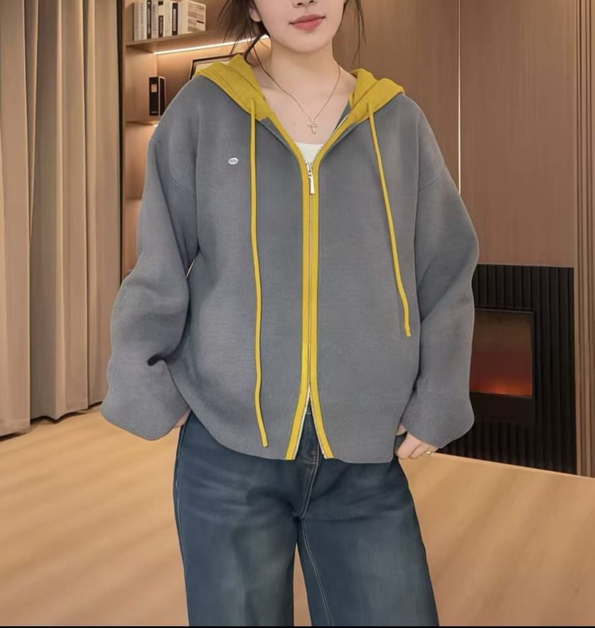 Two Tone Hood Zip Cardigan