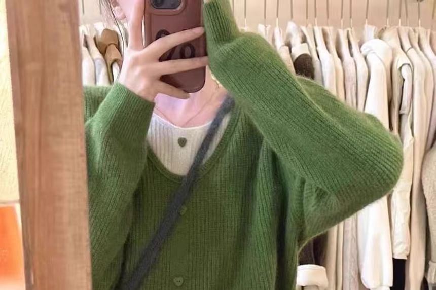 Ribbed Buttoned V-Neck Faux Layer Pullover Sweater