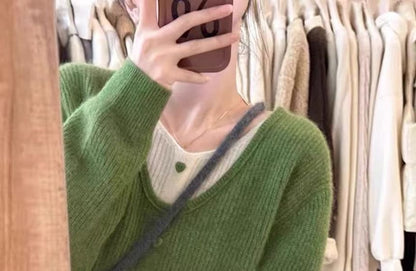 Ribbed Buttoned V-Neck Faux Layer Pullover Sweater