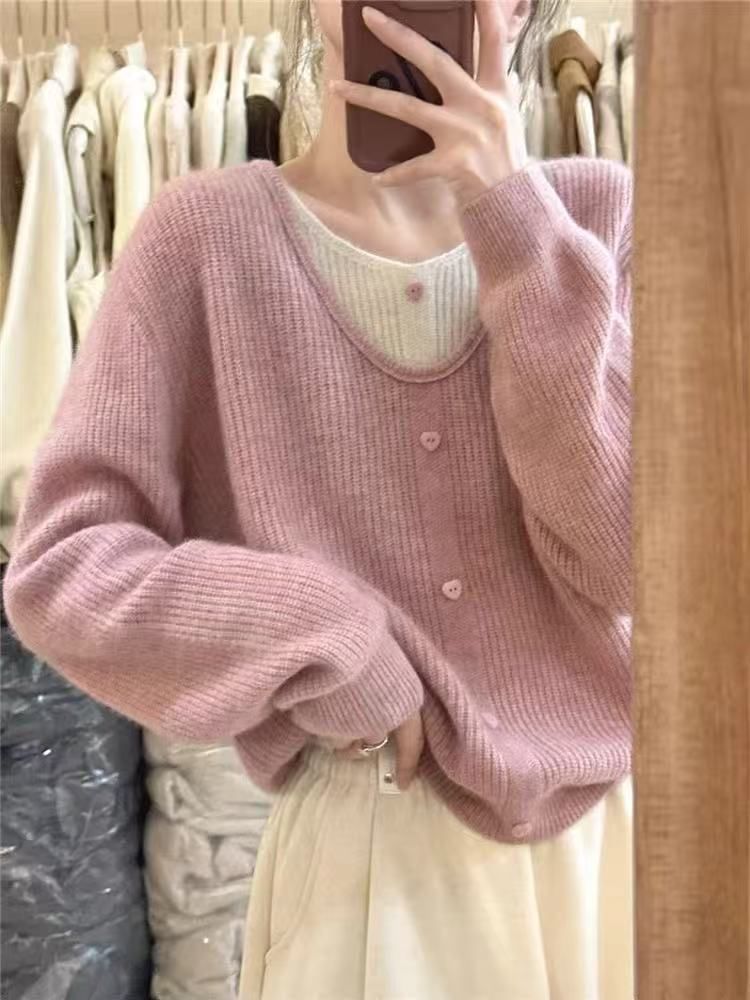 Ribbed Buttoned V-Neck Faux Layer Pullover Sweater