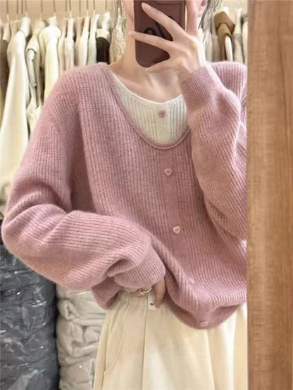 Ribbed Buttoned V-Neck Faux Layer Pullover Sweater