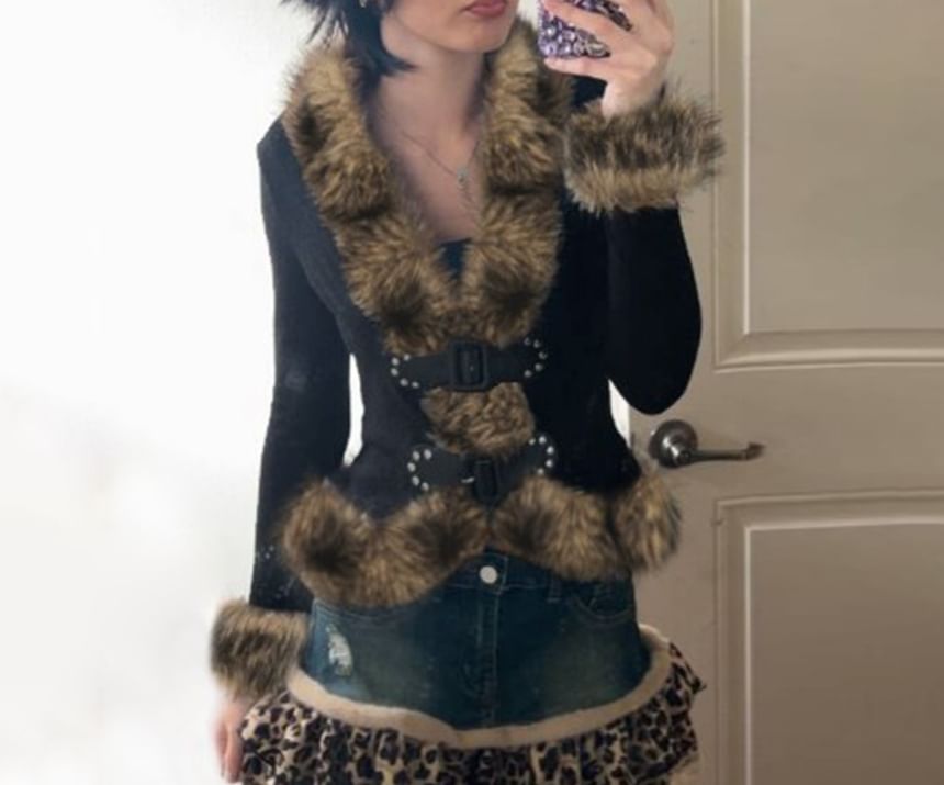 Long Sleeve Faux Fur Trim Slim-Fit Jacket