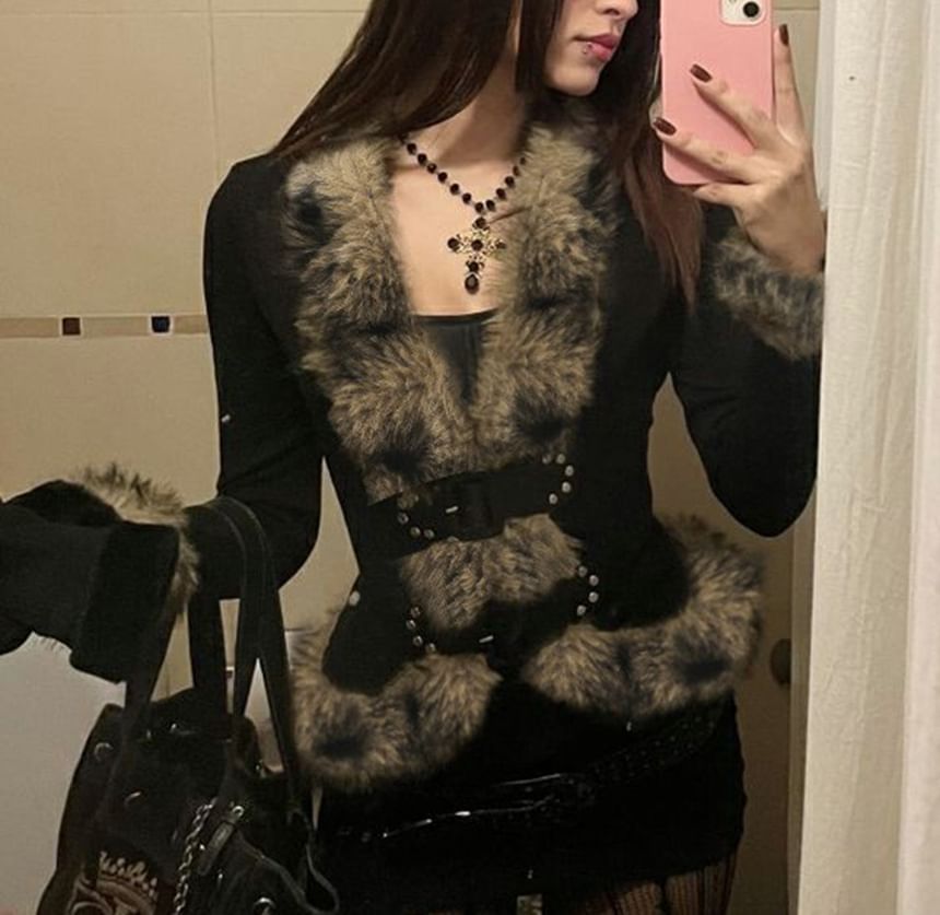 Long Sleeve Faux Fur Trim Slim-Fit Jacket