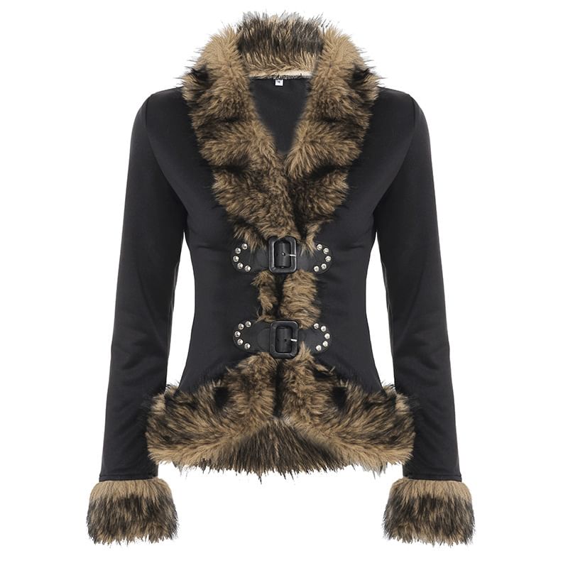 Long Sleeve Faux Fur Trim Slim-Fit Jacket