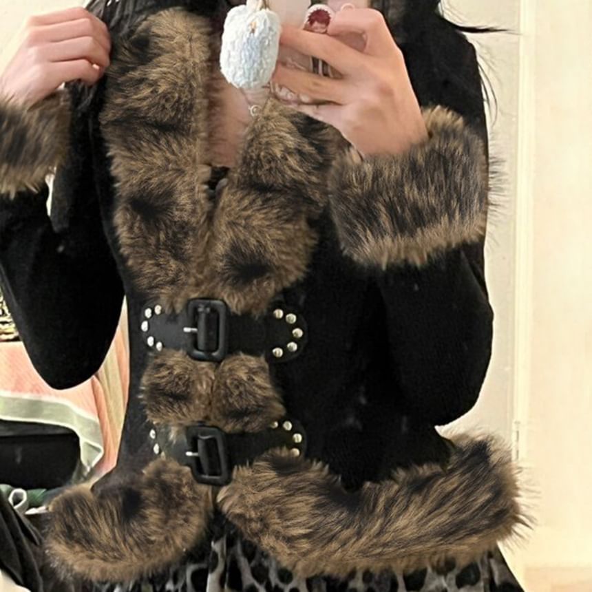 Long Sleeve Faux Fur Trim Slim-Fit Jacket