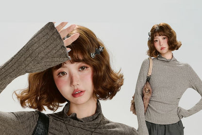 Ribbed Melange Mockneck Extended Sleeve Top