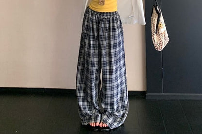 Plain Cami Top / Cardigan / High Rise Plaid Baggy Pants