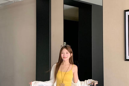 Plain Cami Top / Cardigan / High Rise Plaid Baggy Pants