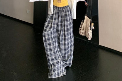 Plain Cami Top / Cardigan / High Rise Plaid Baggy Pants