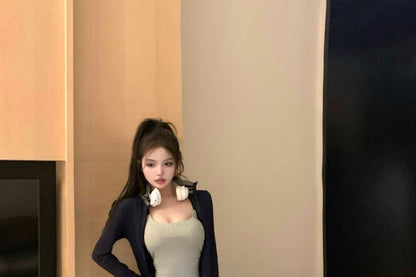 Plain Cardigan / Crop Cami Top / Mid Rise Flared Pants