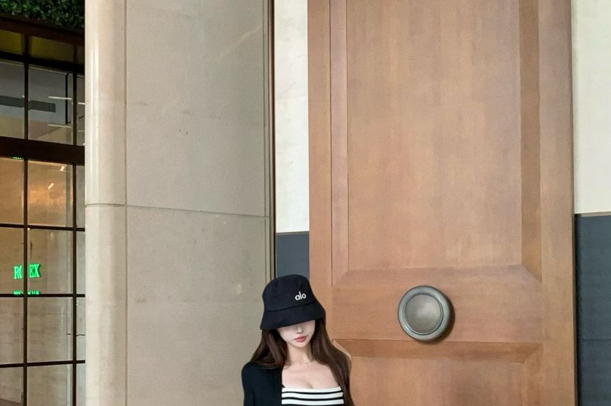 Spaghetti Strap Striped Mini Bodycon Dress / Asymmetrical Cardigan