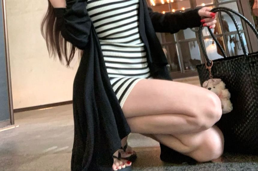 Spaghetti Strap Striped Mini Bodycon Dress / Asymmetrical Cardigan