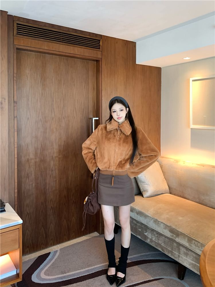 Collared Plain Fluffy Zip Jacket