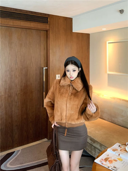 Collared Plain Fluffy Zip Jacket