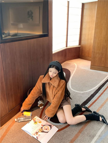 Collared Plain Fluffy Zip Jacket