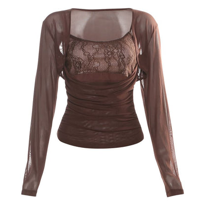 Matching Set: Ruched Slim Top and Lace Cropped Cami with Long Sleeves