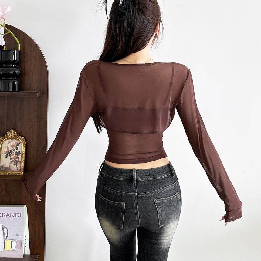 Matching Set: Ruched Slim Top and Lace Cropped Cami with Long Sleeves