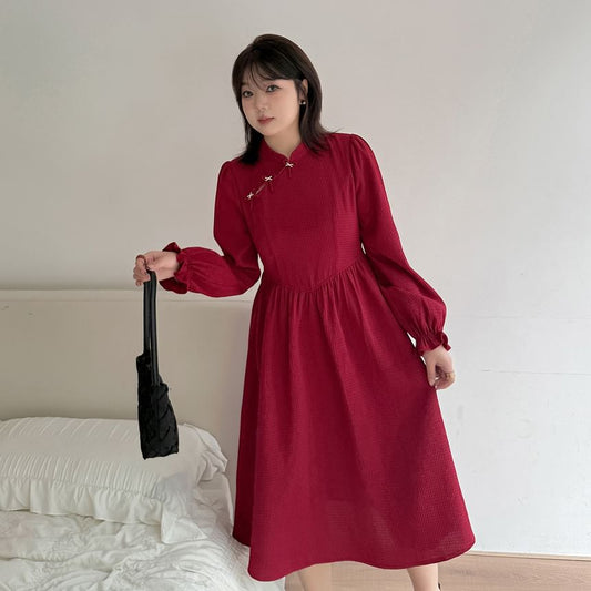 [XL-4XL] Long-Sleeve Plain Bow Midi A-Line Qipao