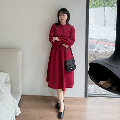 [XL-4XL] Long-Sleeve Plain Bow Midi A-Line Qipao