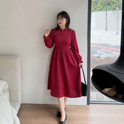 [XL-4XL] Long-Sleeve Plain Bow Midi A-Line Qipao
