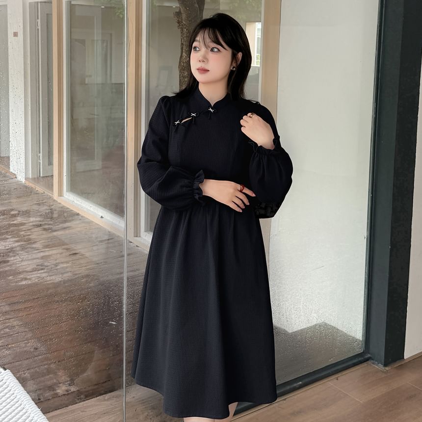 [XL-4XL] Long-Sleeve Plain Bow Midi A-Line Qipao