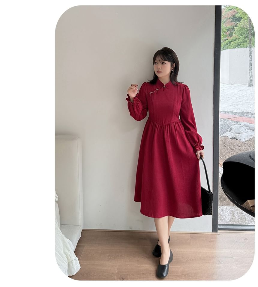 [XL-4XL] Long-Sleeve Plain Bow Midi A-Line Qipao