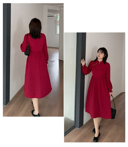 [XL-4XL] Long-Sleeve Plain Bow Midi A-Line Qipao