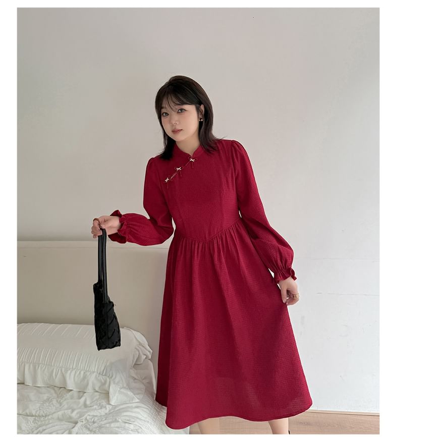 [XL-4XL] Long-Sleeve Plain Bow Midi A-Line Qipao