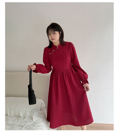 [XL-4XL] Long-Sleeve Plain Bow Midi A-Line Qipao