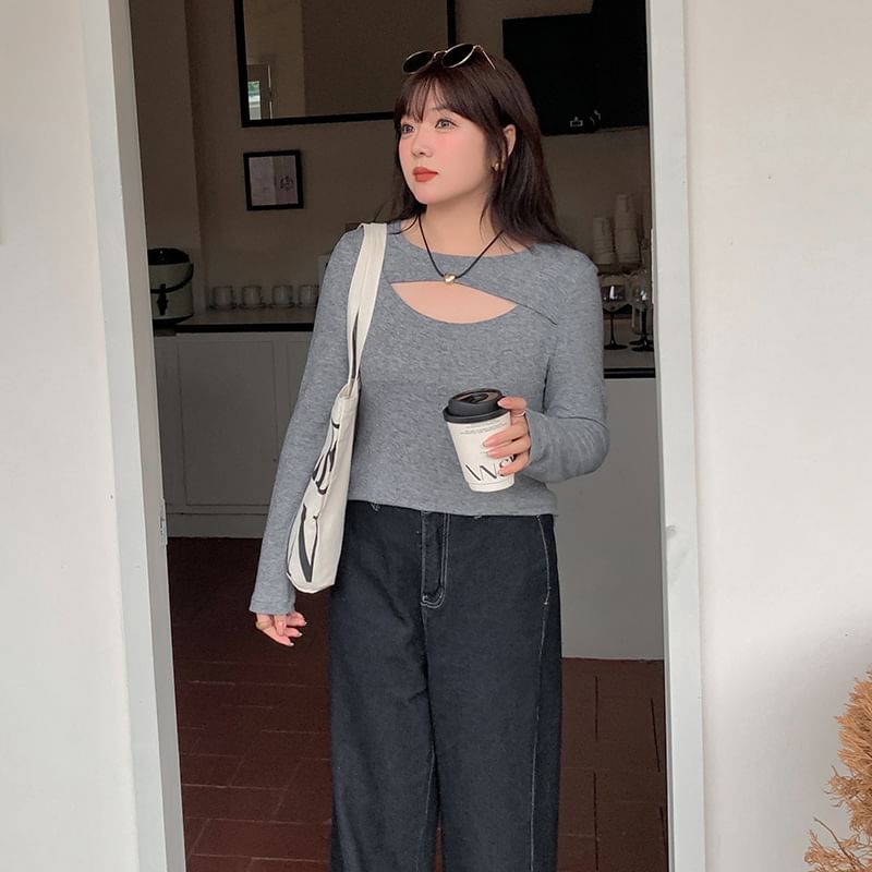 Plus Size Long-Sleeve Crew Neck Cutout Knit Top
