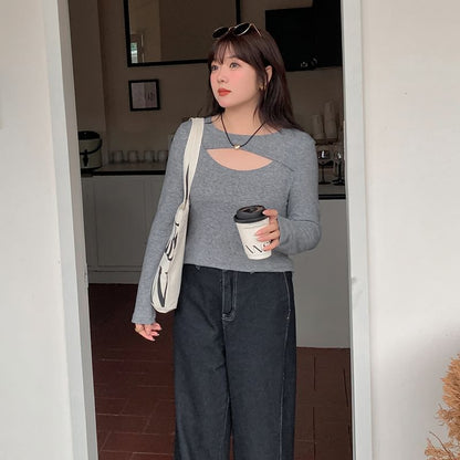 Plus Size Long-Sleeve Crew Neck Cutout Knit Top