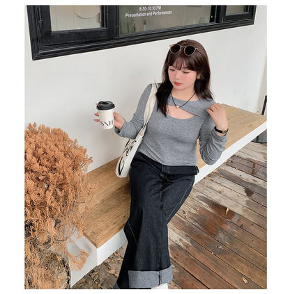 Plus Size Long-Sleeve Crew Neck Cutout Knit Top