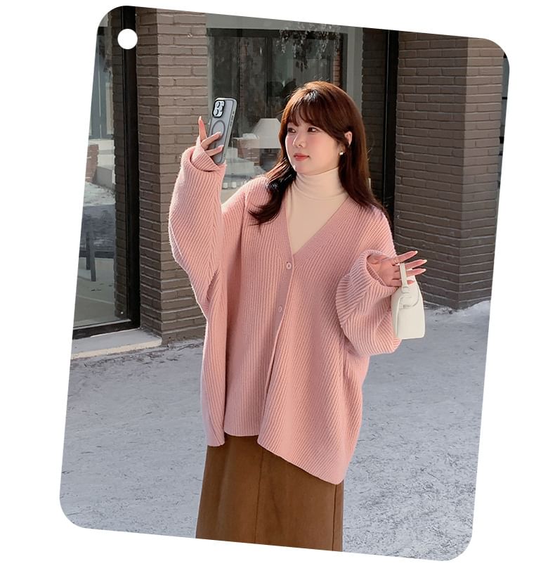 Plus Size V-Neck Ribbed Cardigan