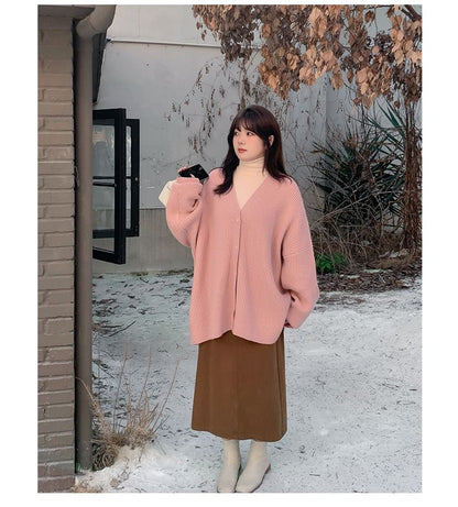 [XL-2XL] V-Neck Ribbed Cardigan