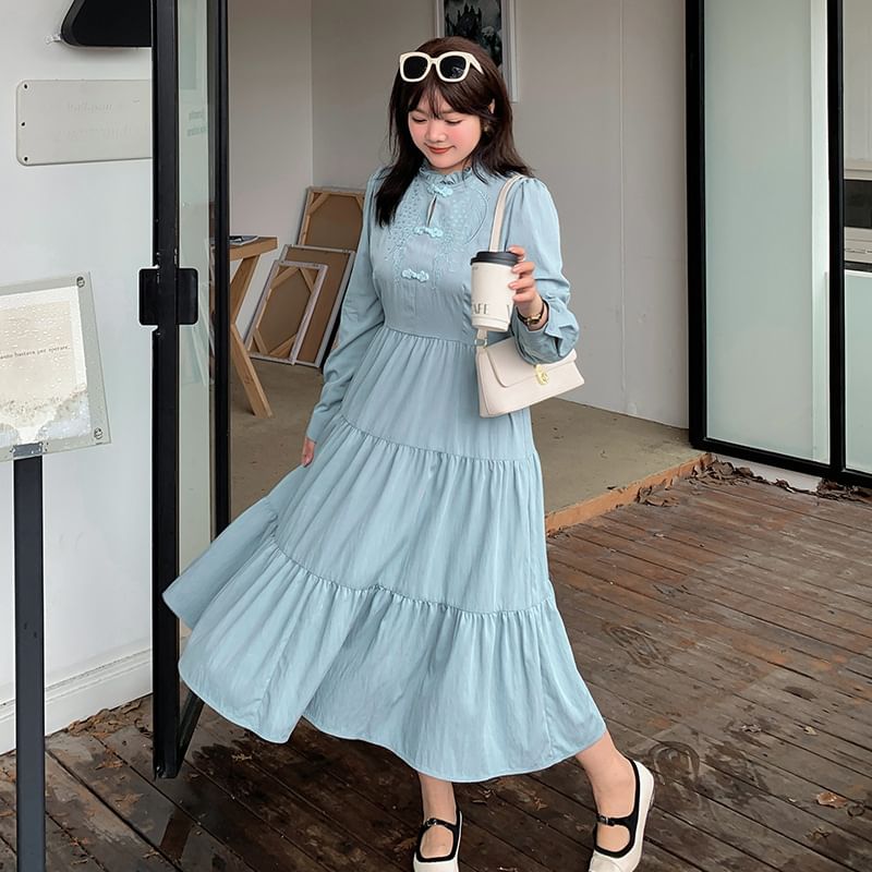 Plus Size Long-Sleeve Mandarin Collar Floral Embroidered Tiered Midi A-Line Dress