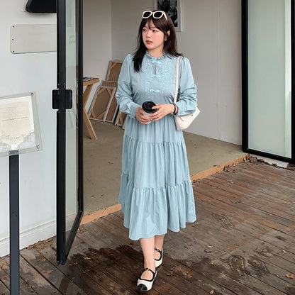 Plus Size Long-Sleeve Mandarin Collar Floral Embroidered Tiered Midi A-Line Dress