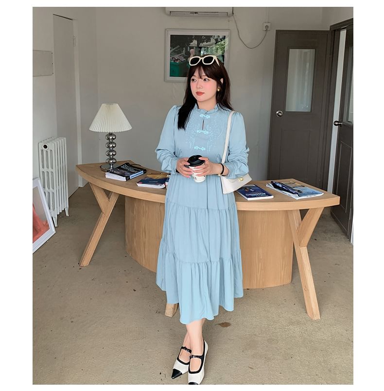 Plus Size Long-Sleeve Mandarin Collar Floral Embroidered Tiered Midi A-Line Dress