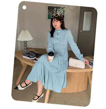 Plus Size Long-Sleeve Mandarin Collar Floral Embroidered Tiered Midi A-Line Dress