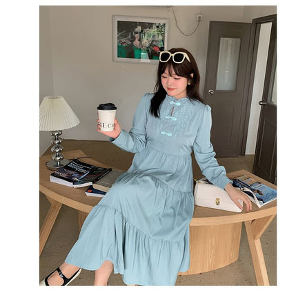 Plus Size Long-Sleeve Mandarin Collar Floral Embroidered Tiered Midi A-Line Dress