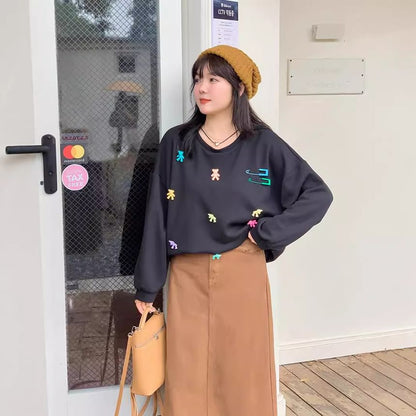 Plus Size Round Neck Bear Accent Sweatshirt