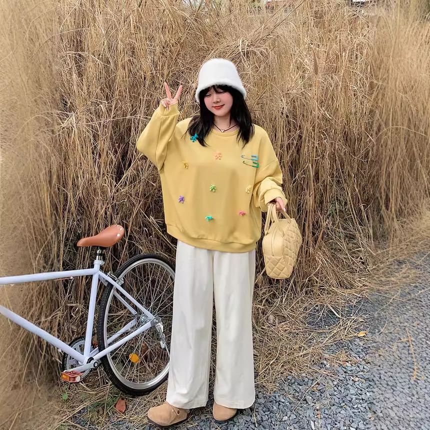 Plus Size Round Neck Bear Accent Sweatshirt