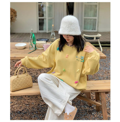 Plus Size Round Neck Bear Accent Sweatshirt