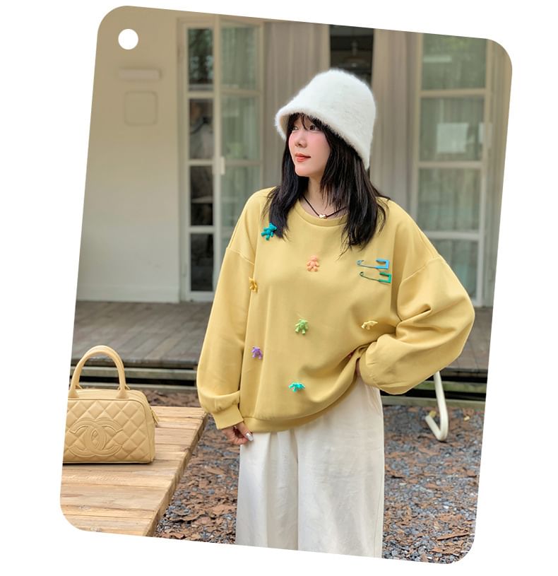 Plus Size Round Neck Bear Accent Sweatshirt