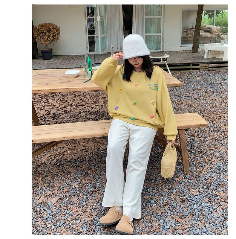 Plus Size Round Neck Bear Accent Sweatshirt