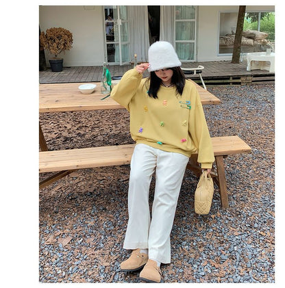 Plus Size Round Neck Bear Accent Sweatshirt