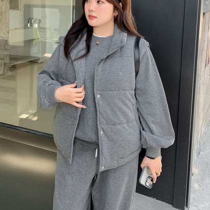 Plus Size Stand Collar Melange Padded Button Vest / Round Neck Pullover / Drawstring Waist Baggy Sweatpants