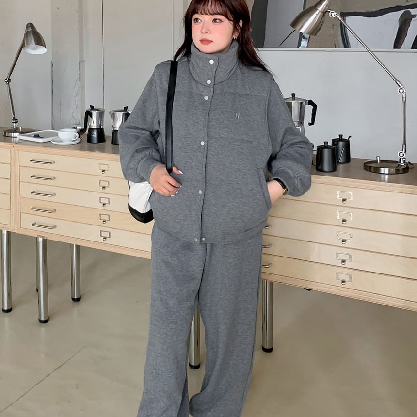 Plus Size Stand Collar Melange Padded Button Vest / Round Neck Pullover / Drawstring Waist Baggy Sweatpants